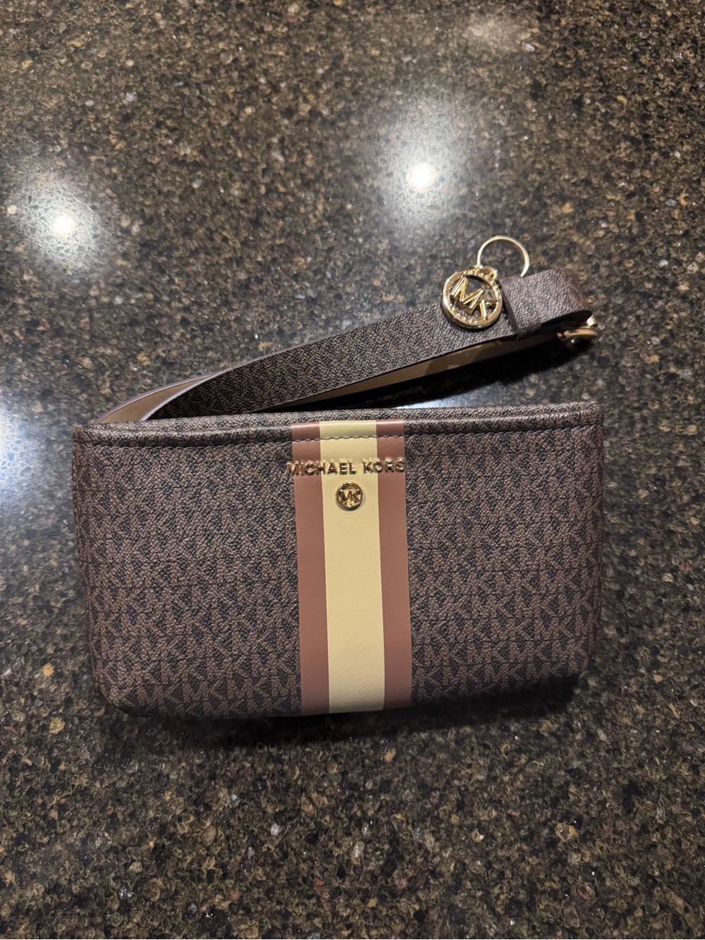 Michael Kors Brown Signature Wristlet with Cream & Mauve Center Stripe